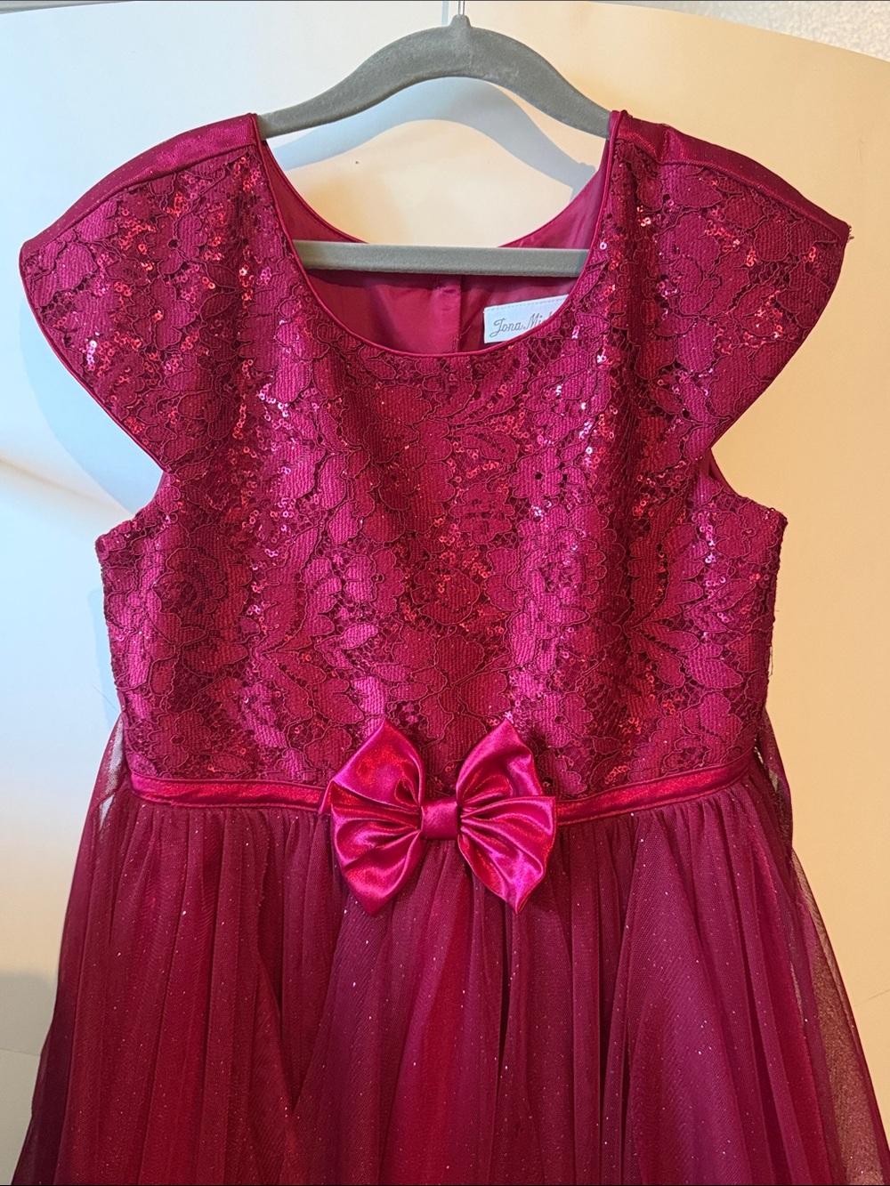 Jona Michelle Fuchsia Lace & Tulle Party Dress with Bow Accent